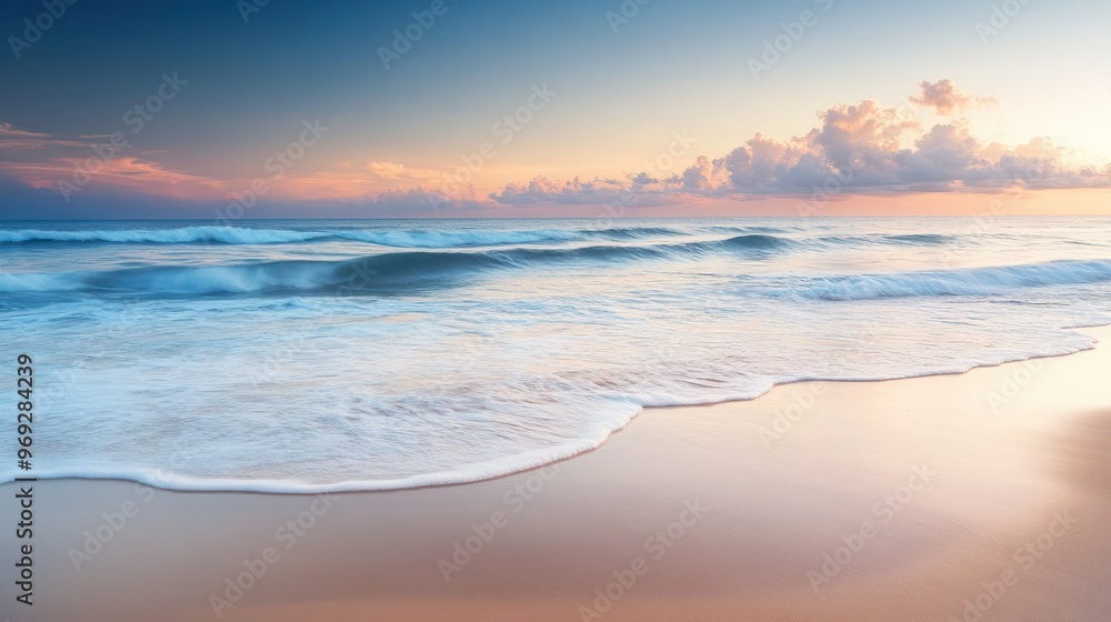 Serene beach scene at sunset with gentle waves lapping the shore. Serene beach scene at sunset with gentle waves lapping the shore.