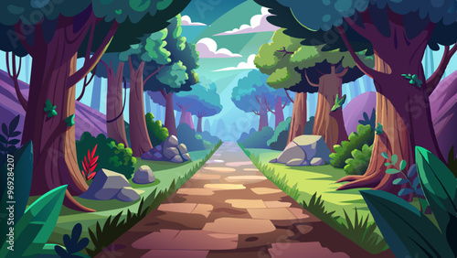 a colorful, cartoon-style illustration of a forest path. The path is made of stone and stretches into the distance, flanked by lush greenery. Tall trees with thick trunks and dense canopies line