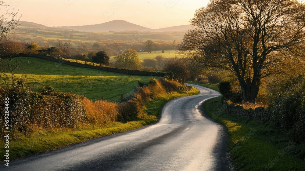 Obraz premium A winding road through lush green countryside under a soft sunset glow.