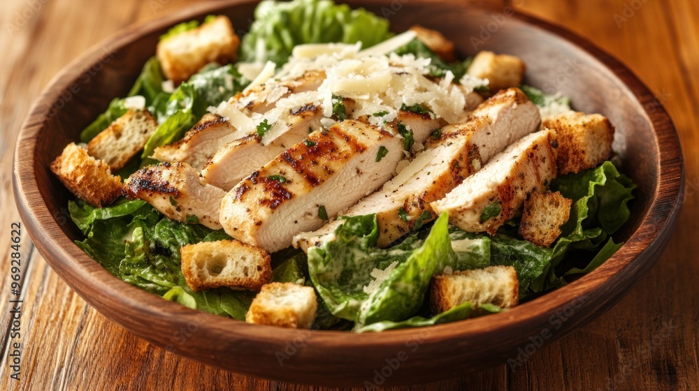 Grilled chicken salad with croutons and Parmesan cheese in a wooden bowl. Grilled chicken salad with croutons and Parmesan cheese in a wooden bowl.