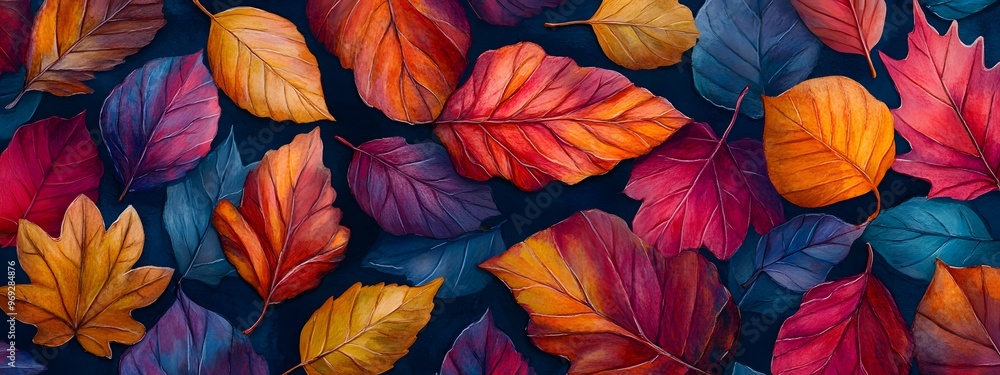 Colorful autumn leaves on a dark background, close-up. Colorful background with vibrant fall foliage Colorful autumn leaves on a dark background, close-up. Colorful background with vibrant fall foliage