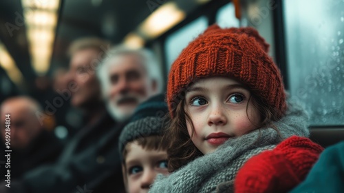 Two children, warmly dressed in hats and scarves, sitting on a train with other passengers, illustrating a peaceful and contemplative moment during their winter journey.