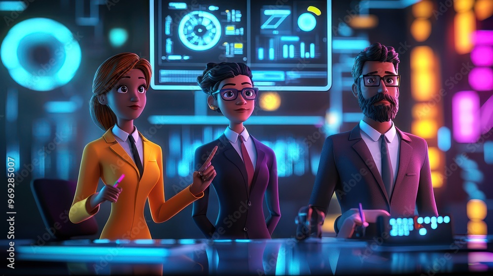Visionary 3D Business Leaders in Bright Digital Workspace Brainstorming Future Goals - Cartoon Characters in 32K Resolution, Generative AI Visionary 3D Business Leaders in Bright Digital Workspace Brainstorming Future Goals - Cartoon Characters in 32K Resolution, Generative AI