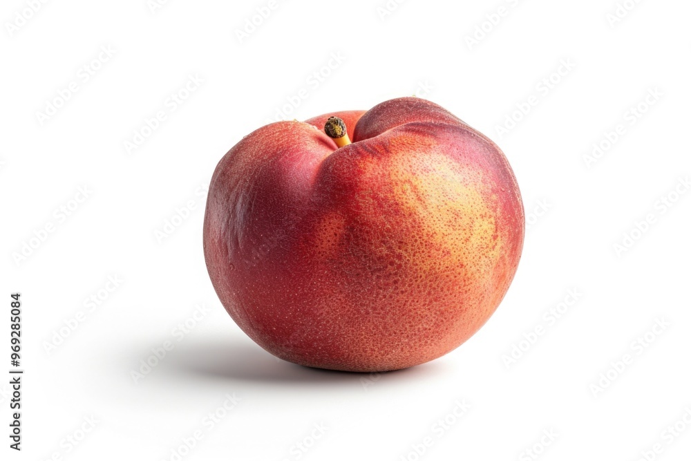 A single peach sits alone on a white surface A single peach sits alone on a white surface