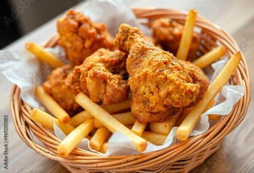 Fried chicken with French fries photo