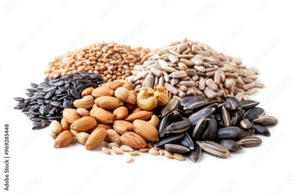Obraz premium A collection of nuts and seeds on a clean white surface
