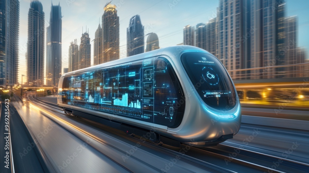 Naklejka premium Futuristic monorail, holographic timetable, digital connectivity, advanced infrastructure