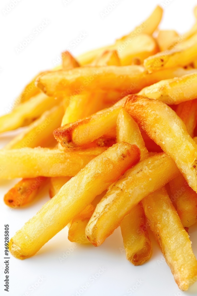 A pile of crispy french fries on a white surface, perfect for food photography or ads A pile of crispy french fries on a white surface, perfect for food photography or ads