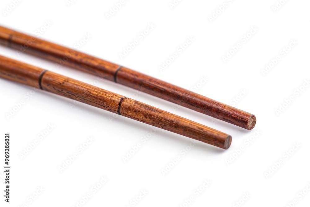 Two wooden chopsticks sit side by side on a table or surface Two wooden chopsticks sit side by side on a table or surface