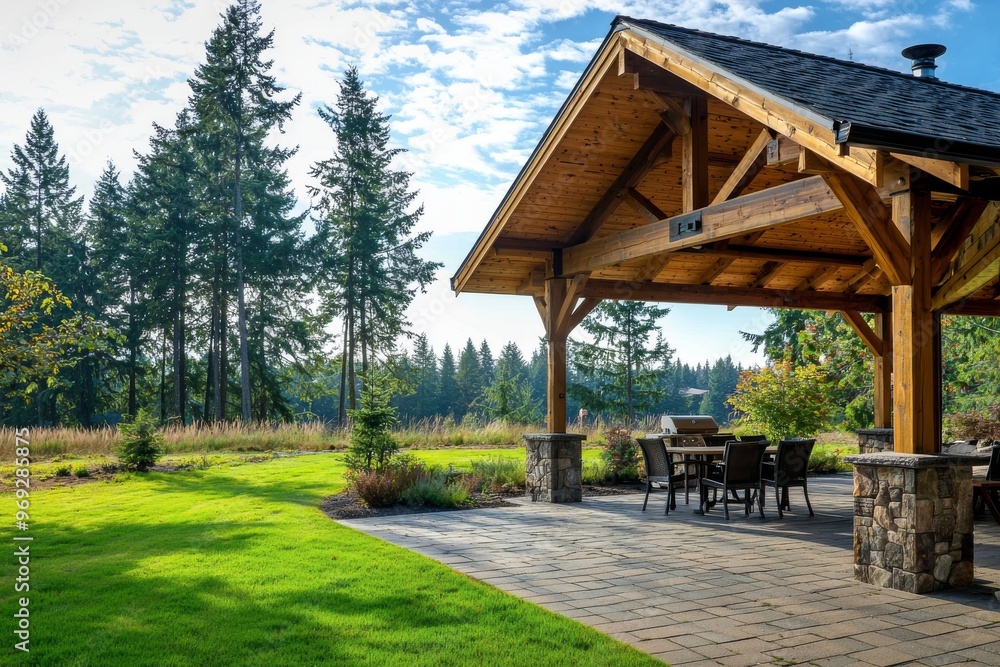 The back yard features a stone and brick patio, a BBQ grill, and luxury furniture. The back yard features a stone and brick patio, a BBQ grill, and luxury furniture.