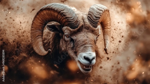 A dramatic close-up image of a ram with majestic, curved horns, emerging through a cloud of dust, capturing the animal's power and presence in a striking manner. photo