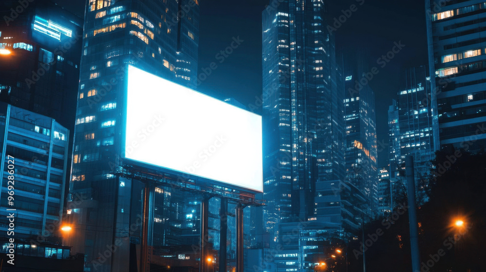 Illuminated billboard in a modern cityscape at night, amidst towering skyscrapers and glowing urban lights. Illuminated billboard in a modern cityscape at night, amidst towering skyscrapers and glowing urban lights.