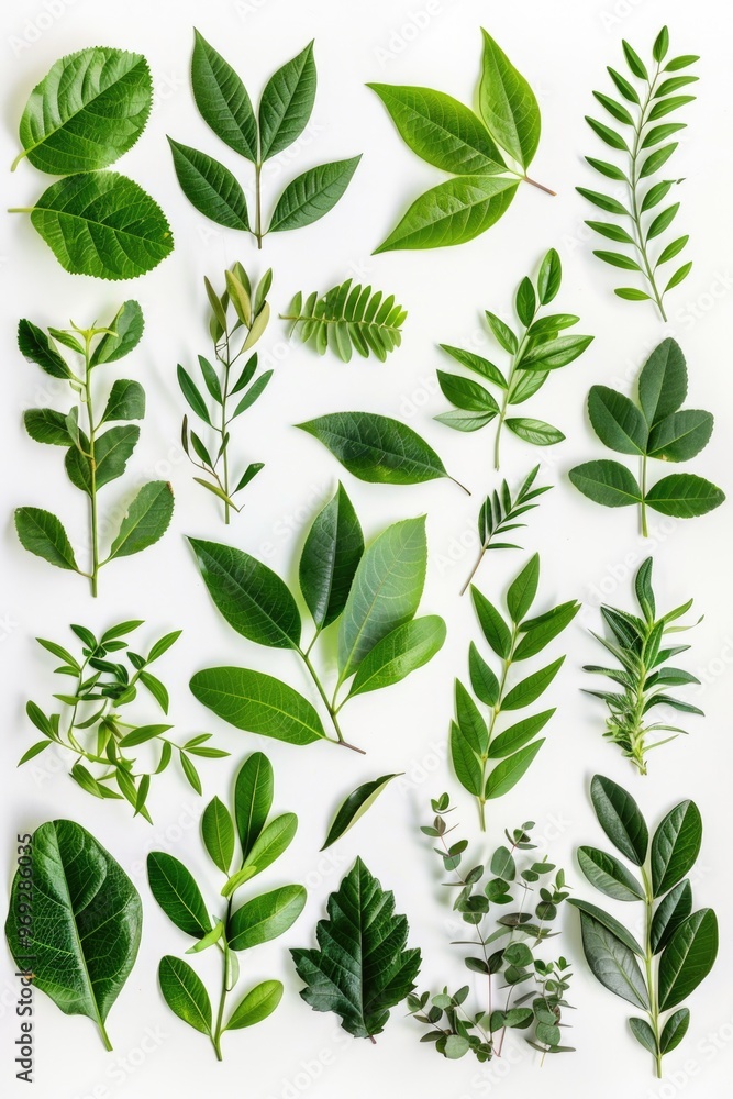 Close-up shot of various green leaves arranged on a white background Close-up shot of various green leaves arranged on a white background