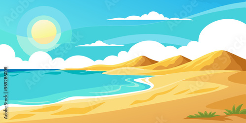 an illustration of a sunny beach scene. It features a bright sun in the sky with a few fluffy white clouds. The ocean is a vibrant blue with gentle waves lapping against the sandy shore
