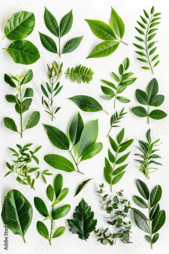 Close-up shot of various green leaves arranged on a white background