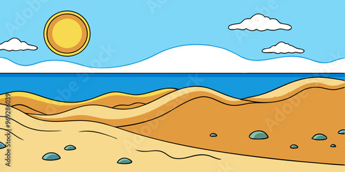 a cartoon-style illustration of a desert landscape. It features rolling sand dunes in shades of yellow and brown, with a few scattered rocks on the ground