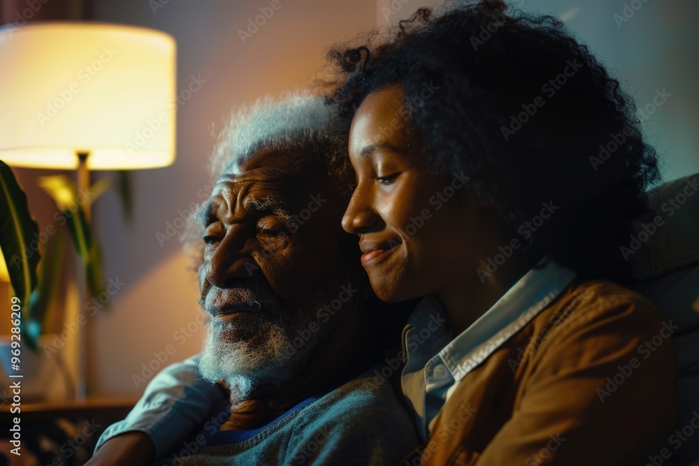 A scene of two people sitting together, likely in a home setting A scene of two people sitting together, likely in a home setting