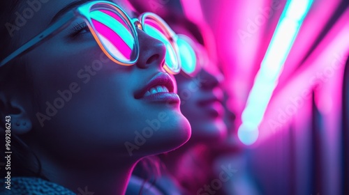 Close-up of a person wearing reflective glasses, illuminated by vibrant neon lights in a transit space, capturing the essence of modern style and elegance.