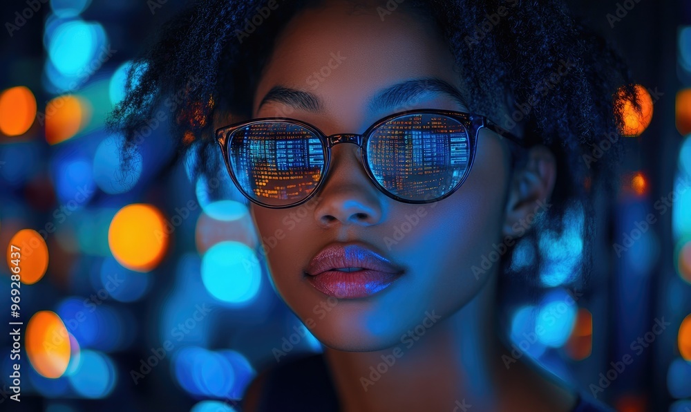 A portrait of a young woman wearing stylish sunglasses against a vibrant, colorful background. A portrait of a young woman wearing stylish sunglasses against a vibrant, colorful background.