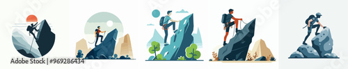 vector set of people hiking climbing cliffs in flat design style