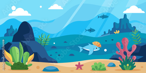 an illustration of an underwater scene. It features a variety of marine life and plants. In the foreground, there are colorful corals and sea plants, including green and pink ones