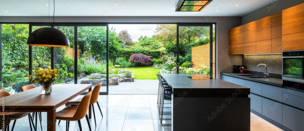 Fototapeta premium A modern kitchen with an open terrace in a house