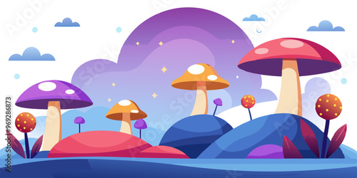 an illustration of a whimsical, fantasy landscape featuring large, colorful mushrooms. The mushrooms have caps in shades of purple, orange, and red, with white spots on some of them