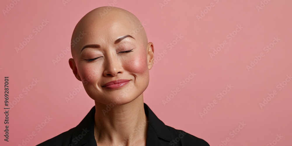 Serene Bald Asian Woman Supporting Breast Cancer Awareness
Serene Bald Asian Woman Supporting Breast Cancer Awareness