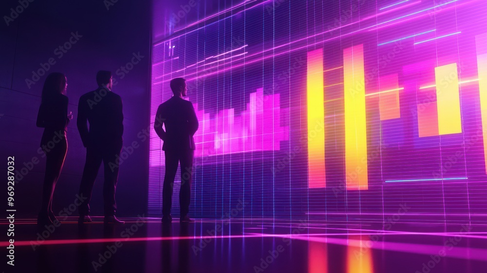 Fototapeta premium Illuminated Business Leaders Analyzing Company Performance on 3D Goal Chart in Cartoon Style, Generative AI