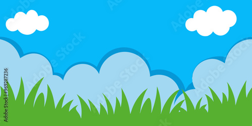 a simple, cartoon-style illustration of a landscape. It features a bright blue sky with two fluffy white clouds. Below the sky, there are light blue, rounded shapes representing distant clouds or hill