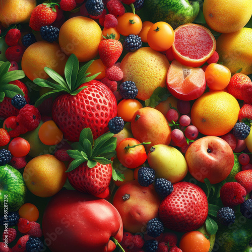 A vibrant assortment of fresh fruits including strawberries, oranges, berries, and apples, displayed in a colorful and healthy arrangement.