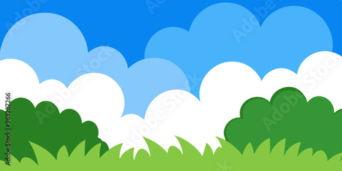 a simple, cartoon-style illustration of a landscape. It features a bright blue sky with fluffy white clouds. In the foreground, there are green bushes and grass, creating a cheerful and vibrant outdoo