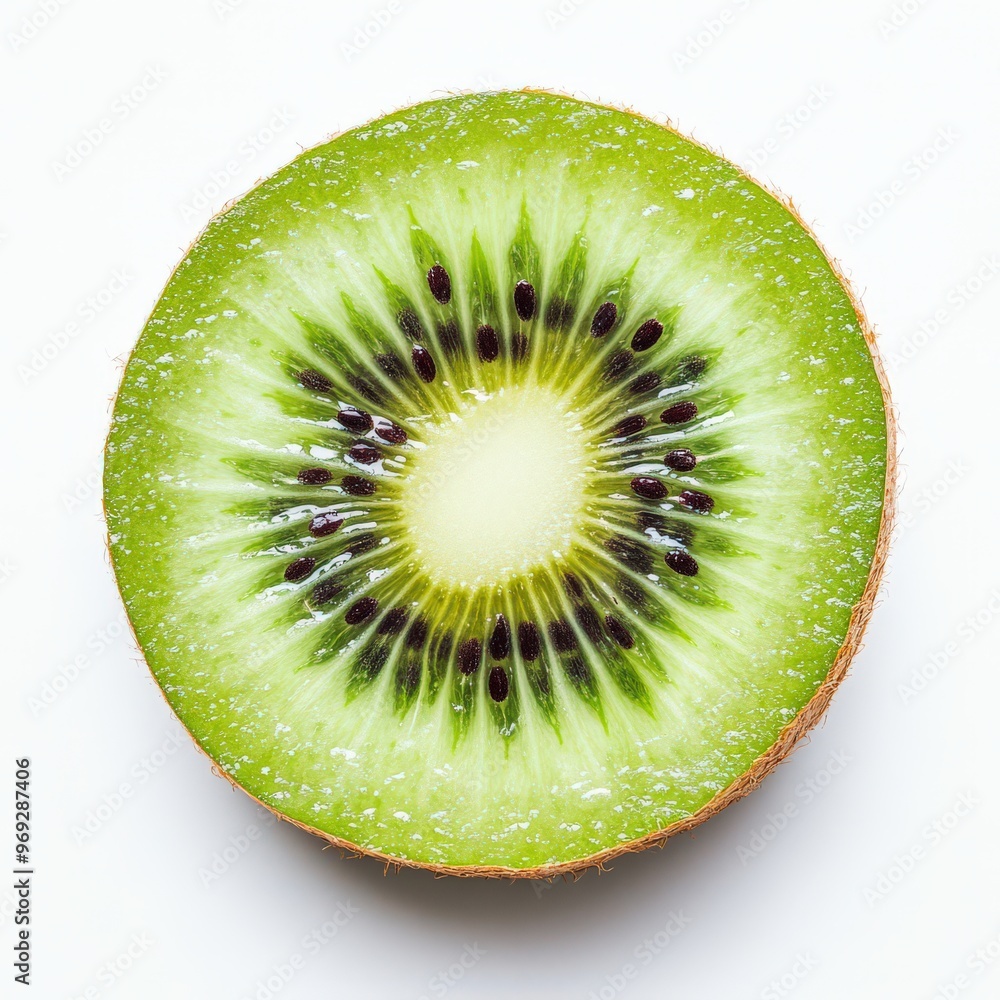 Close up of Fresh Kiwi Slice with Seeds Isolated on White Background Close up of Fresh Kiwi Slice with Seeds Isolated on White Background