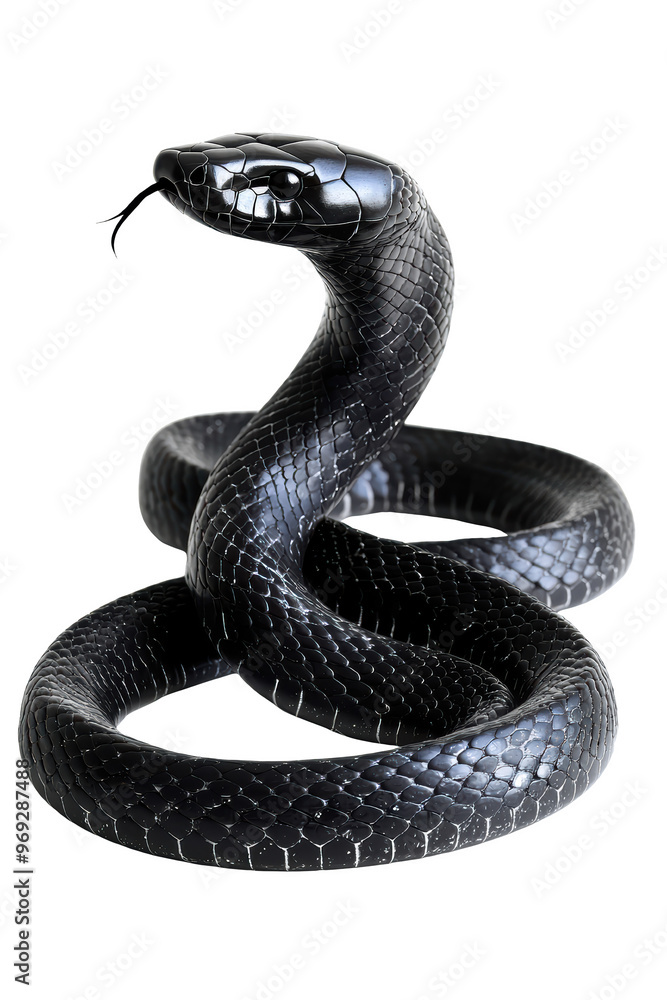 Close-up shot of a fearsome black snake, coiled and ready to strike, highlighting its intricate scales and dangerous nature. Close-up shot of a fearsome black snake, coiled and ready to strike, highlighting its intricate scales and dangerous nature.