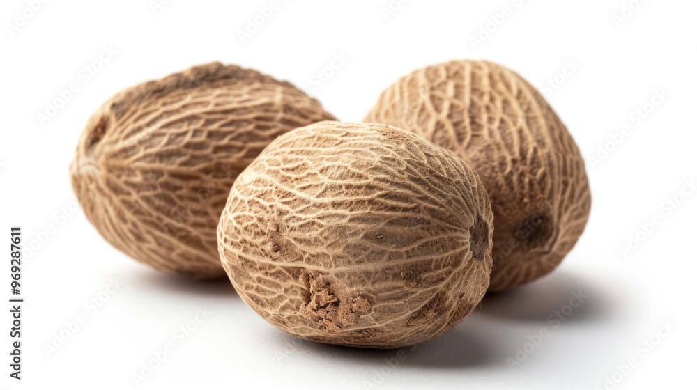 Three whole hazelnuts on a clean white surface, perfect for food or presentation shots Three whole hazelnuts on a clean white surface, perfect for food or presentation shots