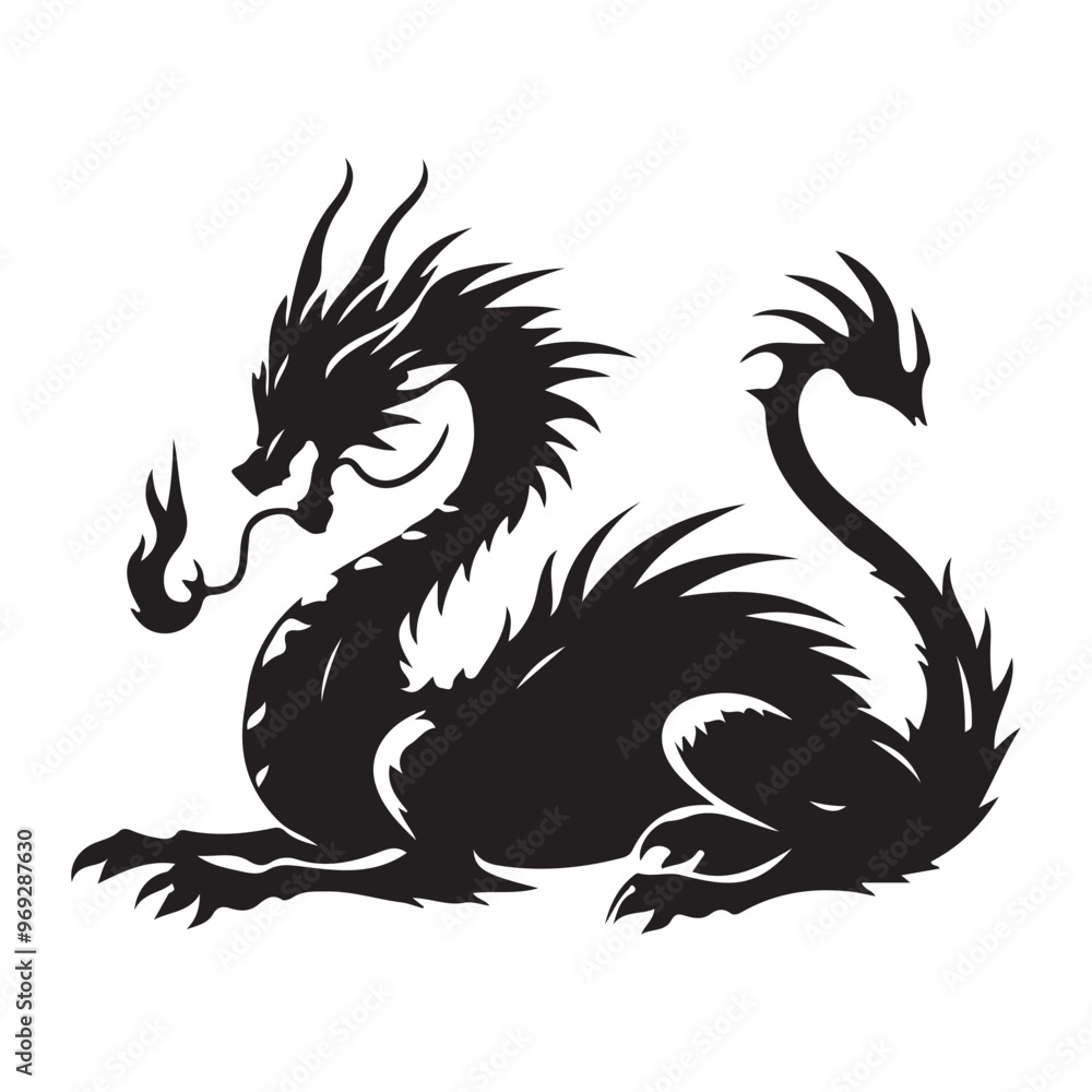 Fantasy Dragon Silhouette - Mythical Creature Outline, Vector drawing of a black dragon silhouette that sits Fantasy Dragon Silhouette - Mythical Creature Outline, Vector drawing of a black dragon silhouette that sits