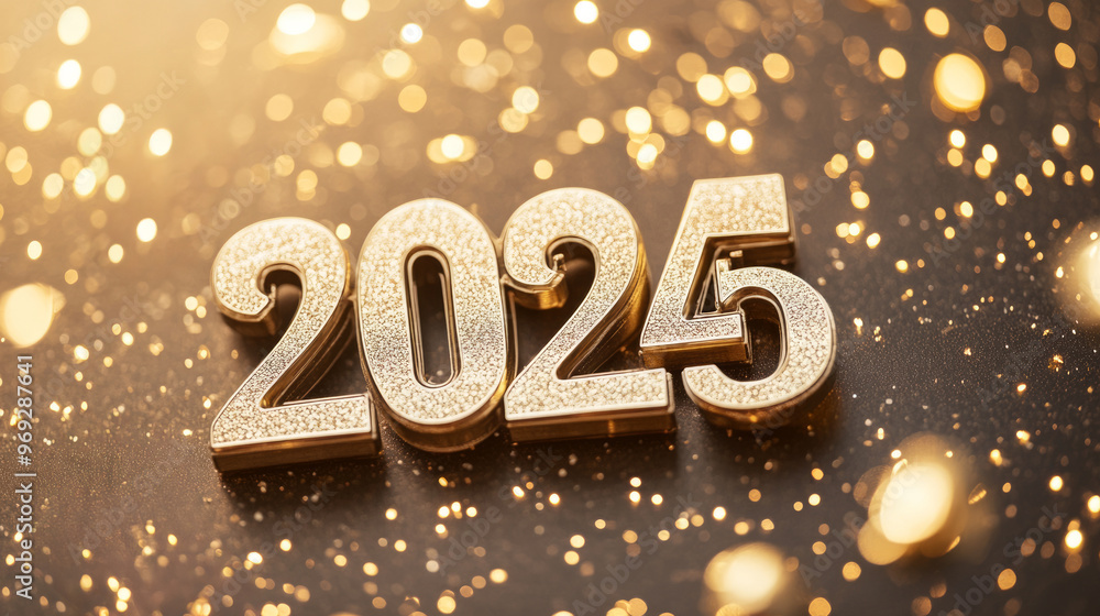 Golden 2025 numbers with sparkling lights on a dark background. New Year transition concept. Golden 2025 numbers with sparkling lights on a dark background. New Year transition concept.
