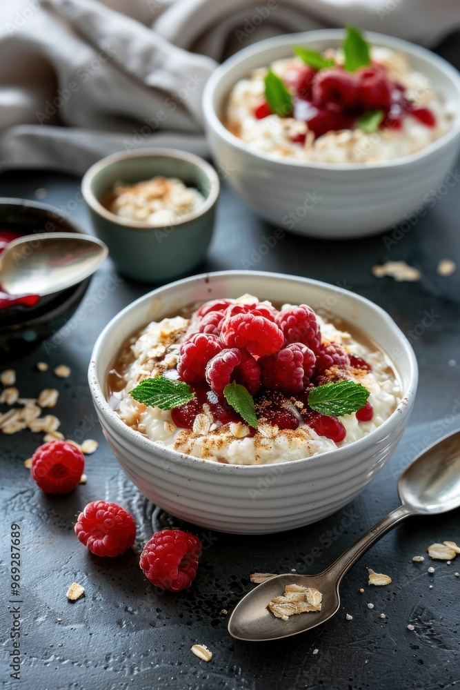 Breakfast cereal with milk yogurt and raspberry Breakfast cereal with milk yogurt and raspberry