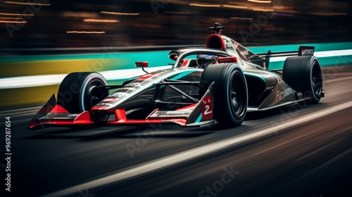High speed racing car speeding through neon lit streets during an exhilarating evening competition
