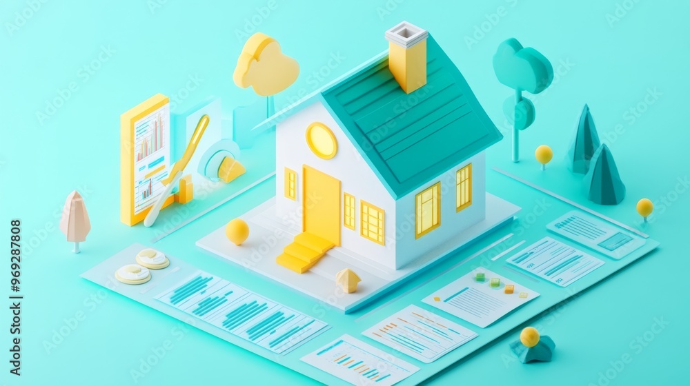 3D illustration of real estate market analysis featuring property icons and financial graphs, vibrant colors highlighting market trends and data insights in a sleek, modern layout 3D illustration of real estate market analysis featuring property icons and financial graphs, vibrant colors highlighting market trends and data insights in a sleek, modern layout