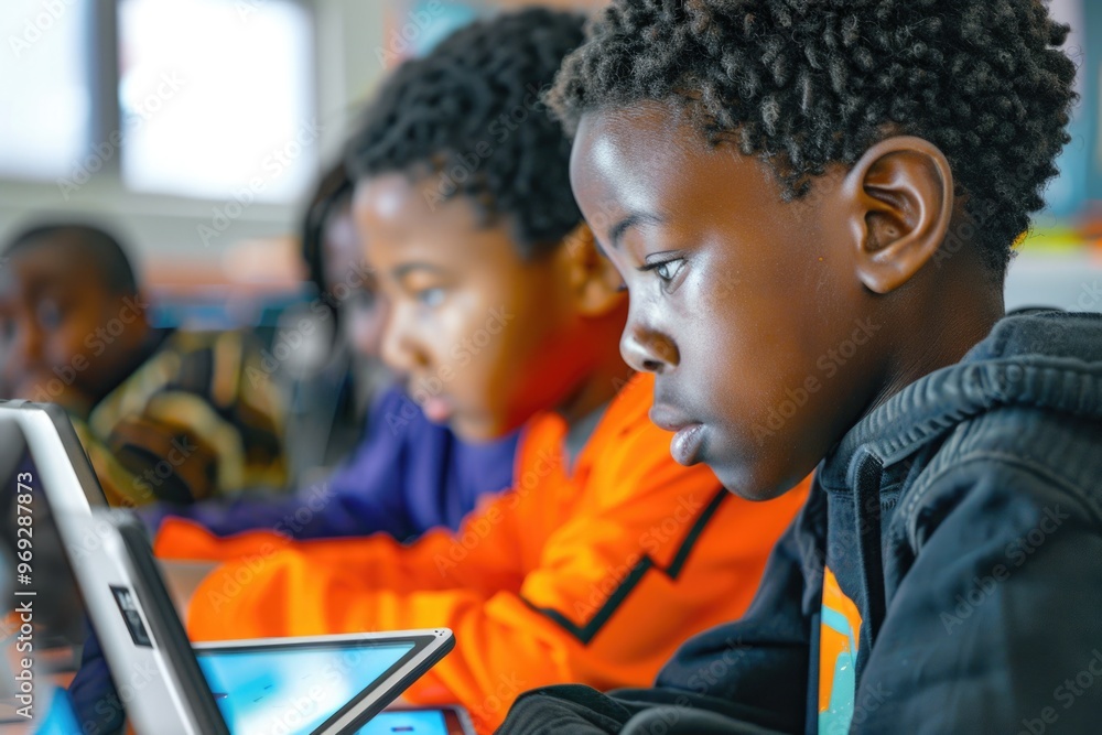 A group of kids gathered around a laptop computer, focused on learning or playing games A group of kids gathered around a laptop computer, focused on learning or playing games