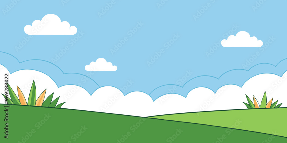 a simple, cartoon-style landscape. It features a bright blue sky with a few fluffy white clouds scattered across it. The foreground consists of rolling green hills a simple, cartoon-style landscape. It features a bright blue sky with a few fluffy white clouds scattered across it. The foreground consists of rolling green hills