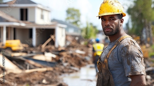 18. A detailed scene of a charity worker helping to rebuild homes after a natural disaster, with construction tools and debris in the background. photo