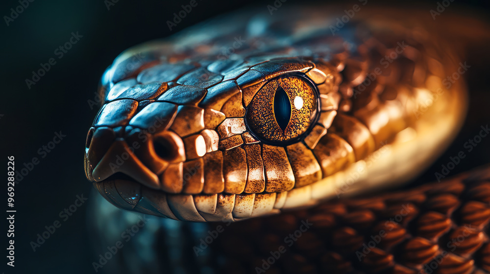 Close-up of snake's face with detailed scales and eye illuminated by warm light. Close-up of snake's face with detailed scales and eye illuminated by warm light.