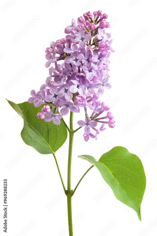 Close-up shot of a single purple flower on its stem, against a plain background Close-up shot of a single purple flower on its stem, against a plain background
