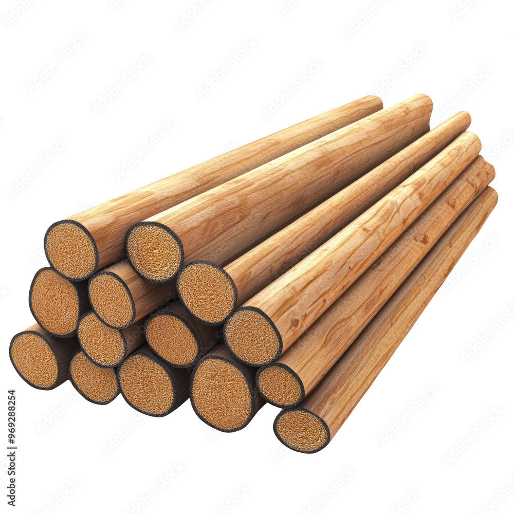 Stack of cut wooden logs isolated on white background. Freshly cut timber, perfect for woodworking and construction projects. Stack of cut wooden logs isolated on white background. Freshly cut timber, perfect for woodworking and construction projects.