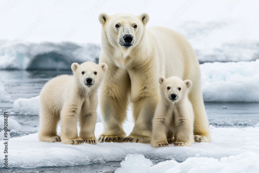Among the glaciers in the distance, a polar bear and her cubs stand in the frozen expanse of the Arctic Among the glaciers in the distance, a polar bear and her cubs stand in the frozen expanse of the Arctic