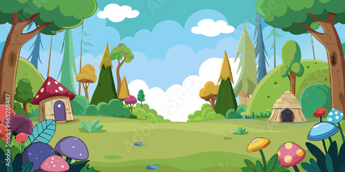 a colorful, whimsical cartoon landscape. It features a lush, green meadow with various types of trees and bushes. There are two small, mushroom-shaped houses on the left side