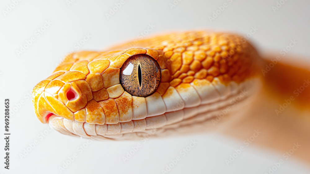 Close-up of an orange snake with detailed scales and eyes. Macro shot for wildlife photography and design. Snake as a symbol of the upcoming New Year. Close-up of an orange snake with detailed scales and eyes. Macro shot for wildlife photography and design. Snake as a symbol of the upcoming New Year.