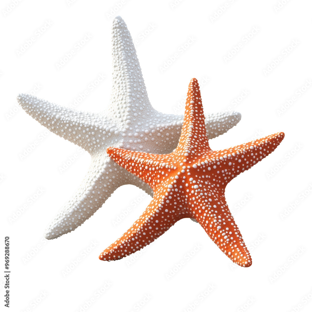 Two colorful starfish isolated on a white background, showcasing vibrant textures and natural marine beauty perfect for ocean-themed designs.
